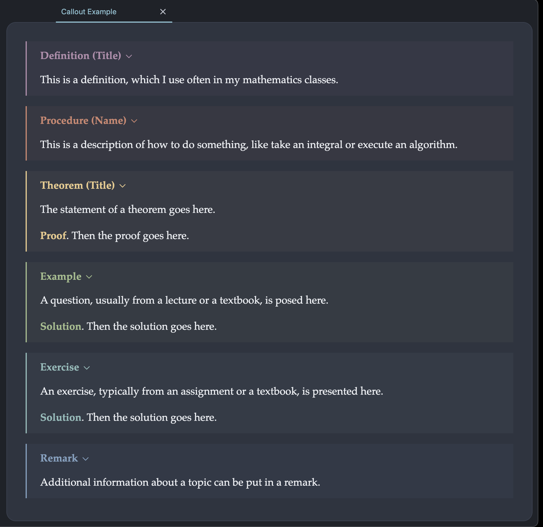 The custom callouts I use for taking notes in my classes. Each callout is colour coded, tailored to a specific purpose, supports folding, and can be created quickly using a keyboard shortcut.